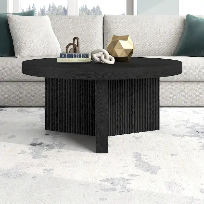 32-Inch Round Scandinavian Coffee Table with Fluted Base and Wood-Look Finish