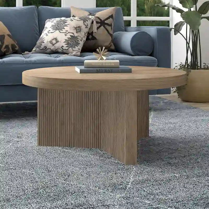 32-Inch Round Scandinavian Coffee Table with Fluted Base and Wood-Look Finish