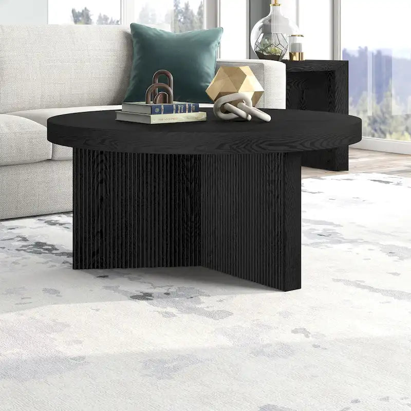 32-Inch Round Scandinavian Coffee Table with Fluted Base and Wood-Look Finish