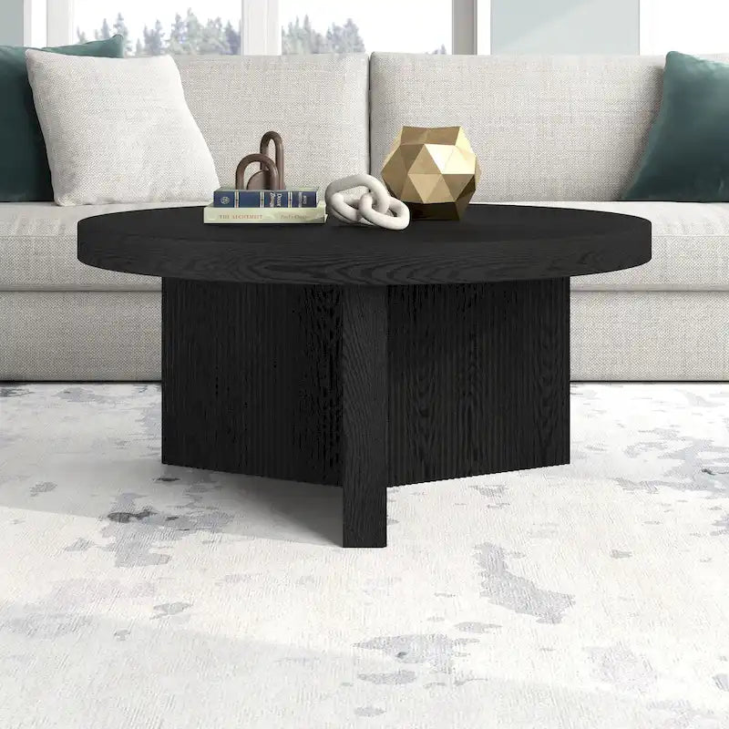 32-Inch Round Scandinavian Coffee Table with Fluted Base and Wood-Look Finish