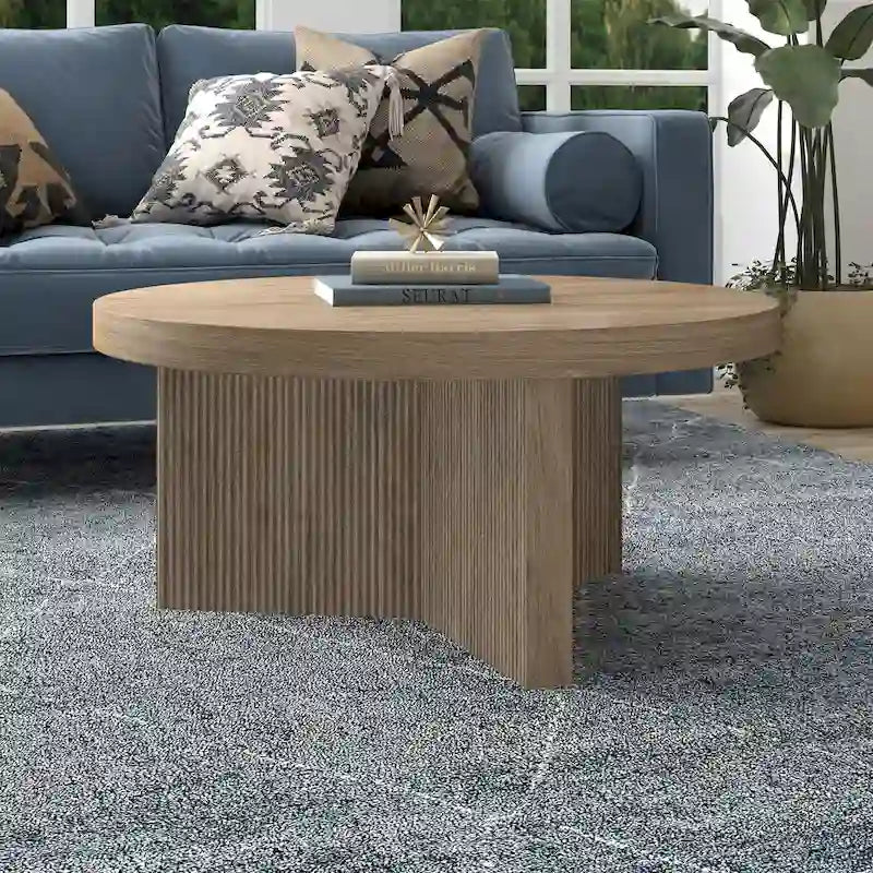 32-Inch Round Scandinavian Coffee Table with Fluted Base and Wood-Look Finish