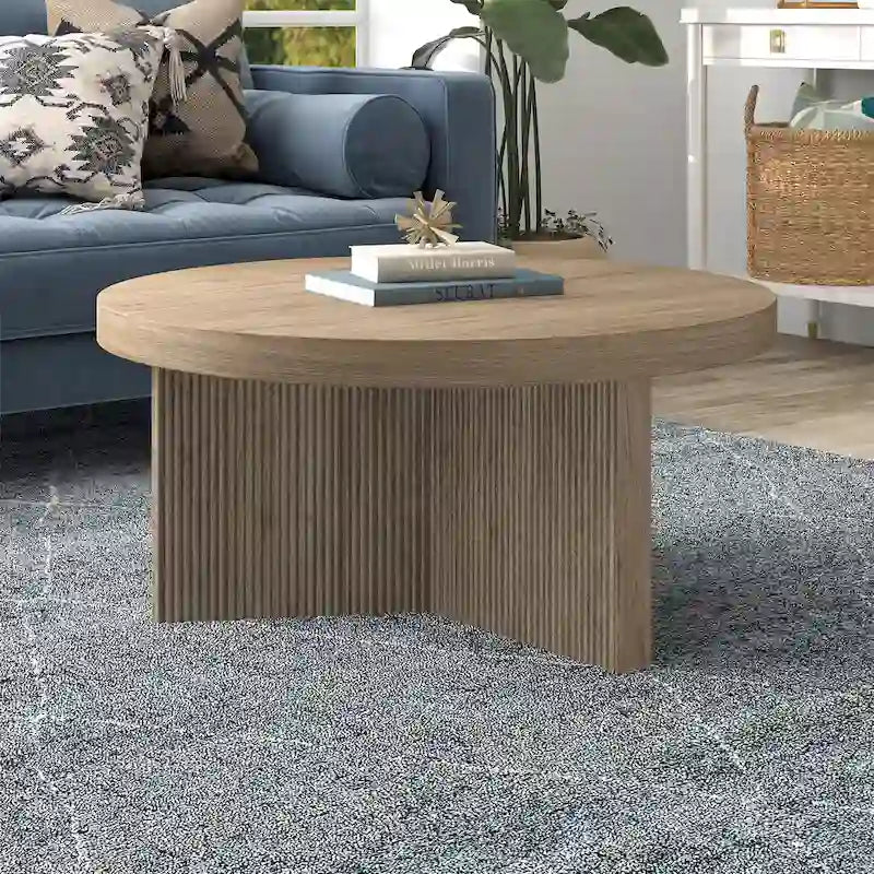 32-Inch Round Scandinavian Coffee Table with Fluted Base and Wood-Look Finish