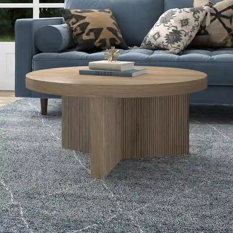 32-Inch Round Scandinavian Coffee Table with Fluted Base and Wood-Look Finish