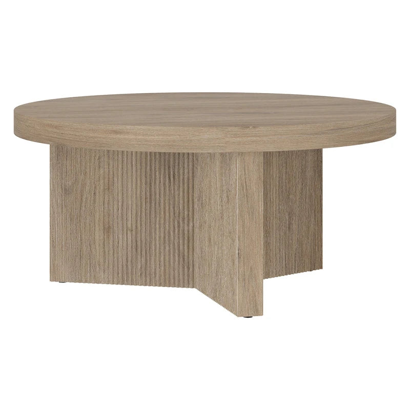32-Inch Round Scandinavian Coffee Table with Fluted Base and Wood-Look Finish