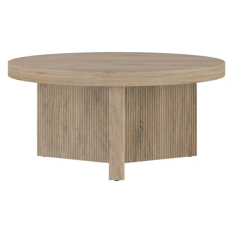 32-Inch Round Scandinavian Coffee Table with Fluted Base and Wood-Look Finish