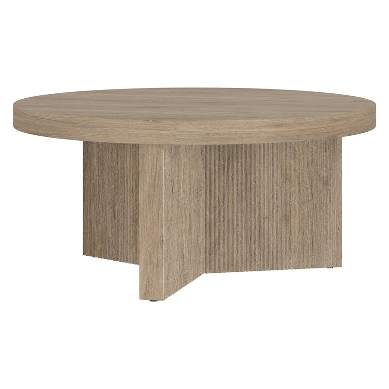 32-Inch Round Scandinavian Coffee Table with Fluted Base and Wood-Look Finish