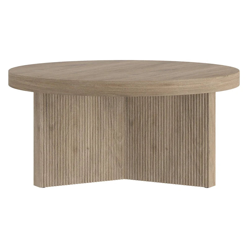 32-Inch Round Scandinavian Coffee Table with Fluted Base and Wood-Look Finish