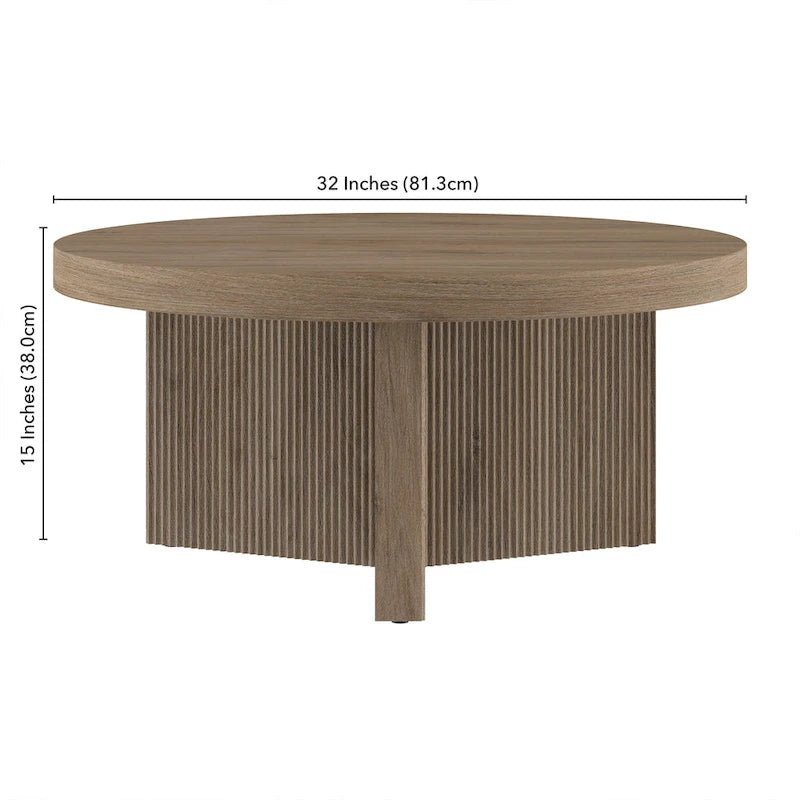 32-Inch Round Scandinavian Coffee Table with Fluted Base and Wood-Look Finish
