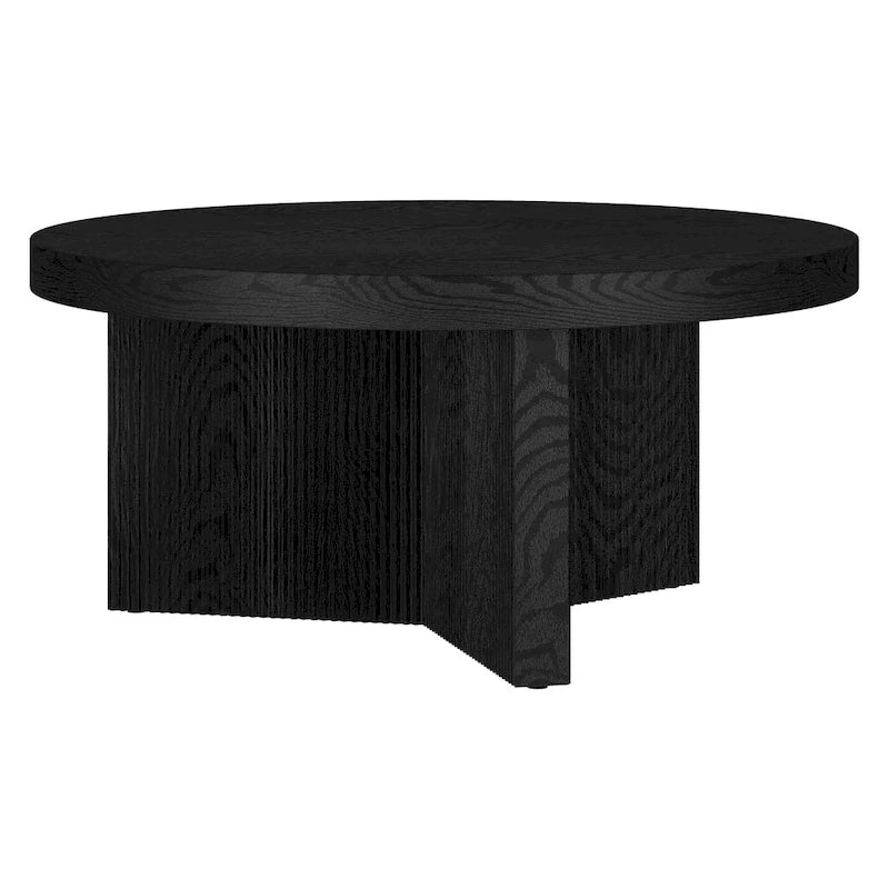 32-Inch Round Scandinavian Coffee Table with Fluted Base and Wood-Look Finish
