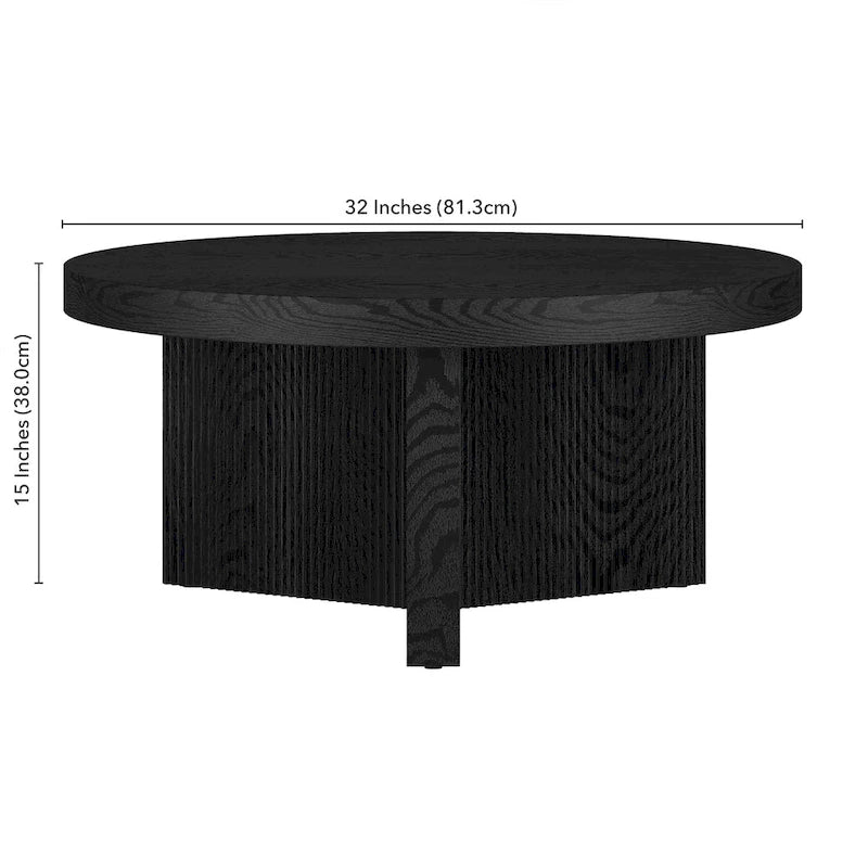32-Inch Round Scandinavian Coffee Table with Fluted Base and Wood-Look Finish