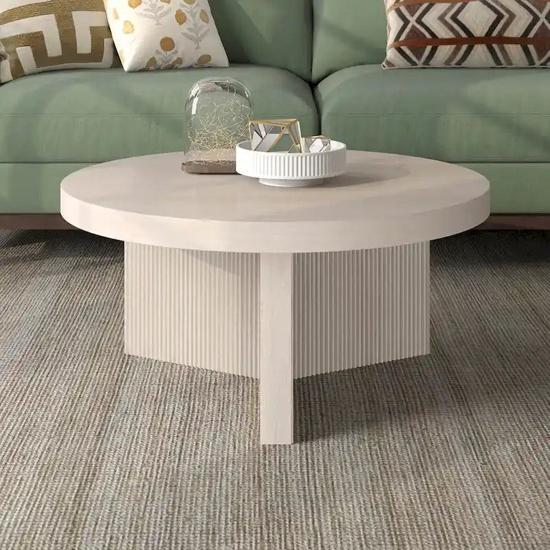 32-Inch Round Scandinavian Coffee Table with Fluted Base and Wood-Look Finish