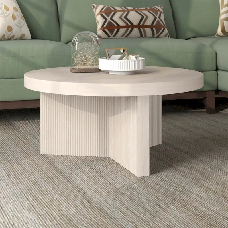 32-Inch Round Scandinavian Coffee Table with Fluted Base and Wood-Look Finish