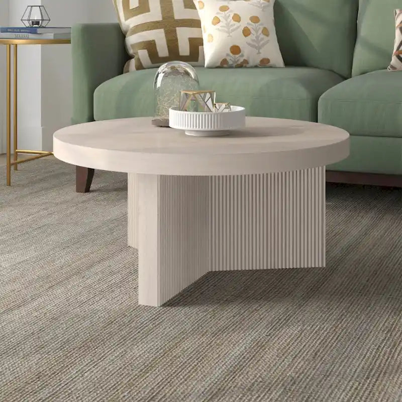 32-Inch Round Scandinavian Coffee Table with Fluted Base and Wood-Look Finish