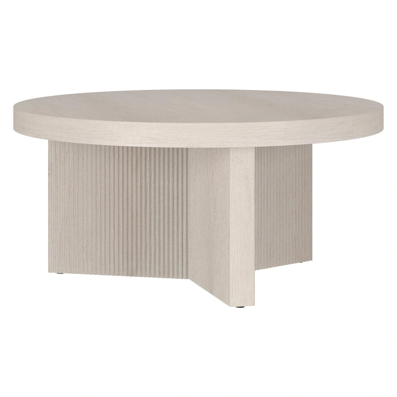32-Inch Round Scandinavian Coffee Table with Fluted Base and Wood-Look Finish