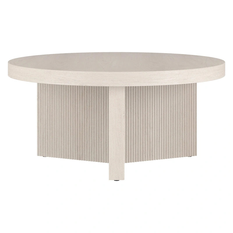 32-Inch Round Scandinavian Coffee Table with Fluted Base and Wood-Look Finish