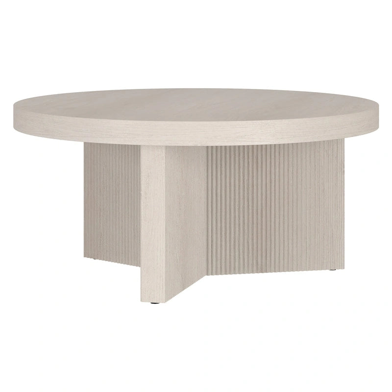 32-Inch Round Scandinavian Coffee Table with Fluted Base and Wood-Look Finish