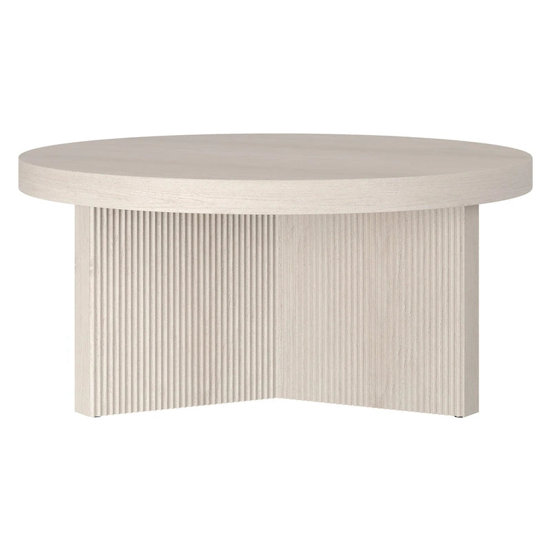 32-Inch Round Scandinavian Coffee Table with Fluted Base and Wood-Look Finish