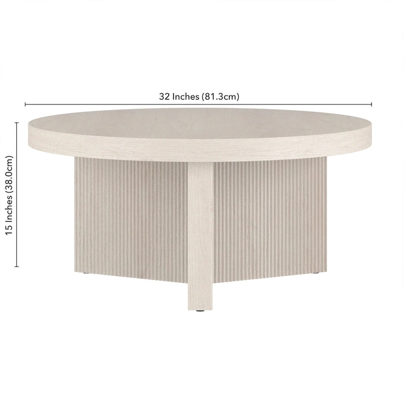 32-Inch Round Scandinavian Coffee Table with Fluted Base and Wood-Look Finish
