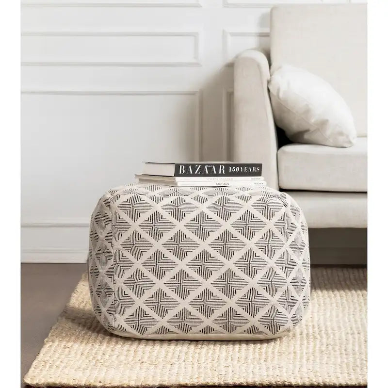 Handcrafted Square Pouf Ottoman with EPP Bead Fill – Black & Ivory