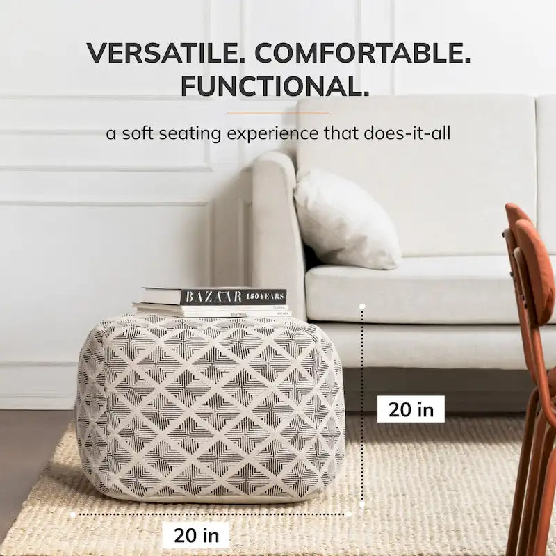 Handcrafted Square Pouf Ottoman with EPP Bead Fill – Black & Ivory