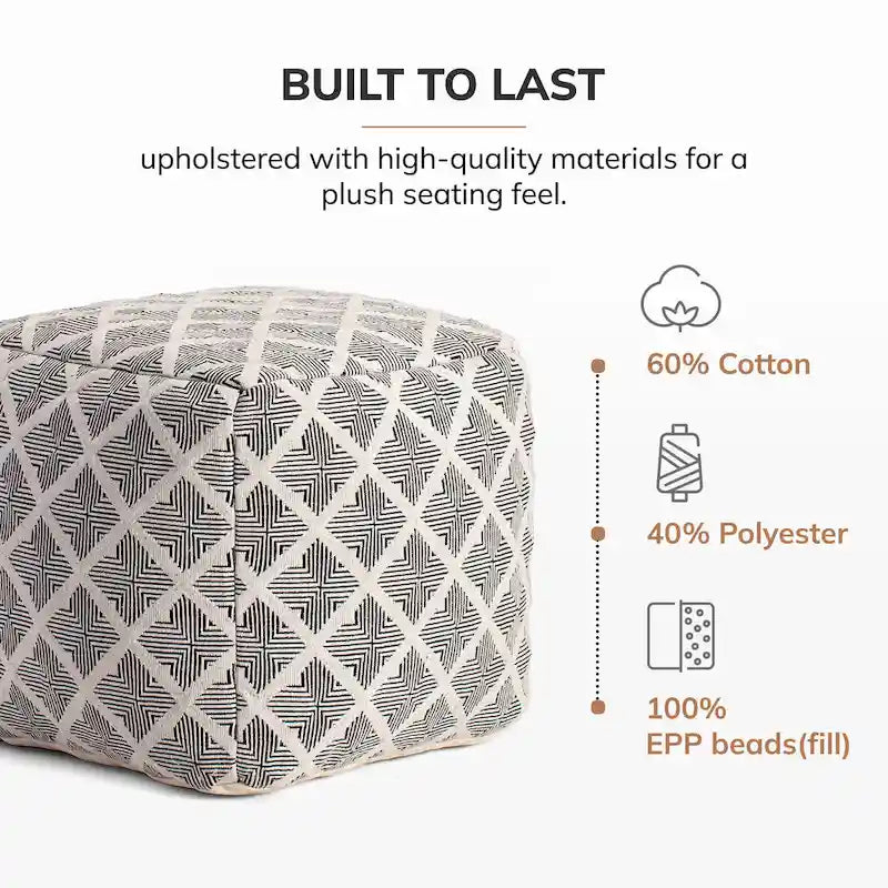 Handcrafted Square Pouf Ottoman with EPP Bead Fill – Black & Ivory