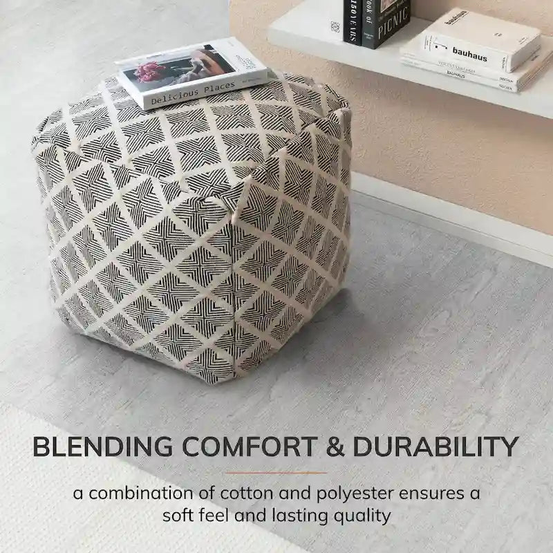 Handcrafted Square Pouf Ottoman with EPP Bead Fill – Black & Ivory