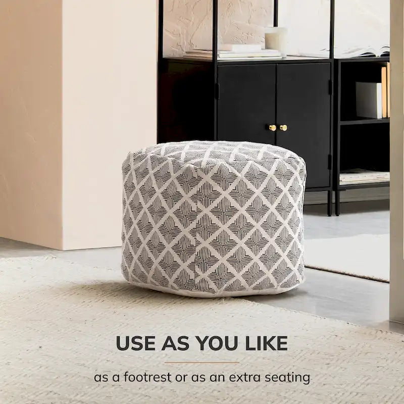 Handcrafted Square Pouf Ottoman with EPP Bead Fill – Black & Ivory