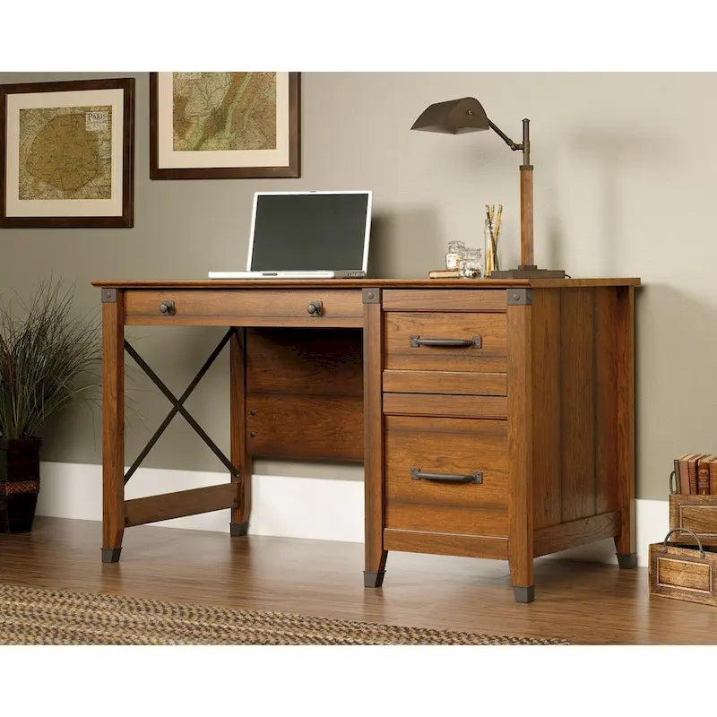 3-Drawer Home Office Desk with File Storage and Wrought Iron Hardware