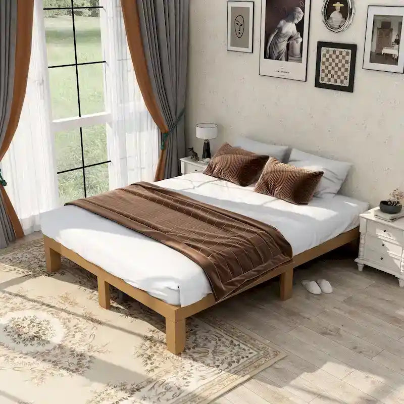 Queen Size Solid Rubberwood Platform Bed Frame – No Box Spring Needed