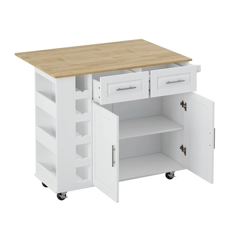Desserte de cuisine multifonctionnelle Grondin avec abattant en bois massif, 2 portes, 2 tiroirs, casier à vin et porte-épices