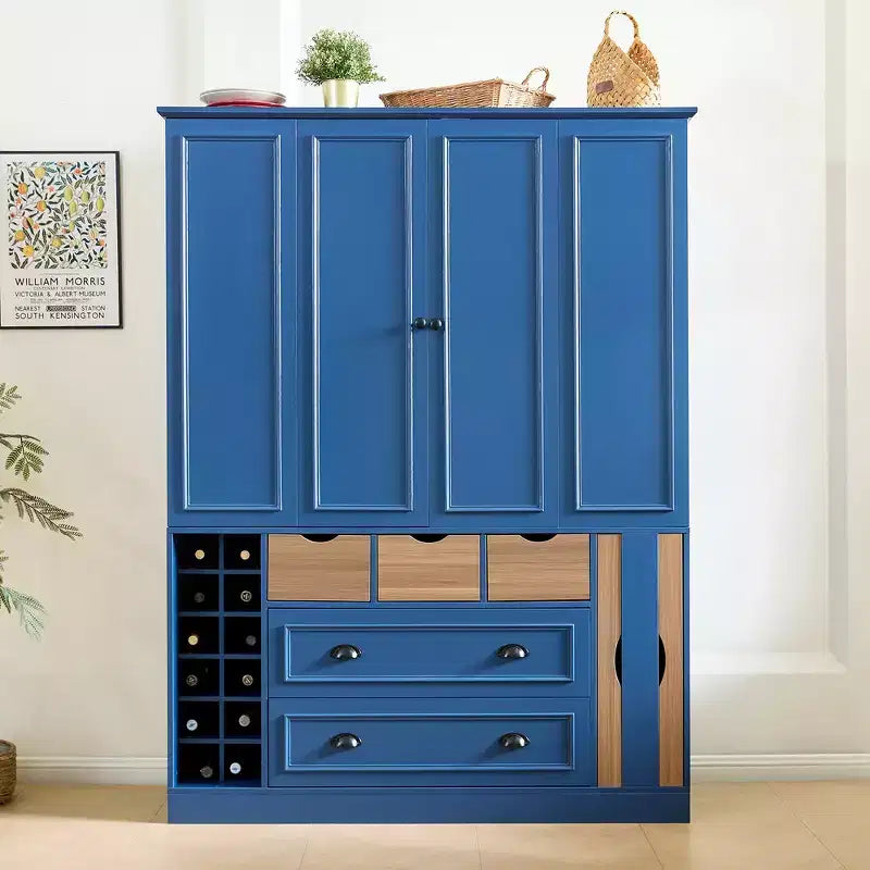 Armoire de cuisine autoportante haute Whisen 71, grand buffet de rangement pour salle à manger avec 4 portes pliantes, étagères et casiers à vin
