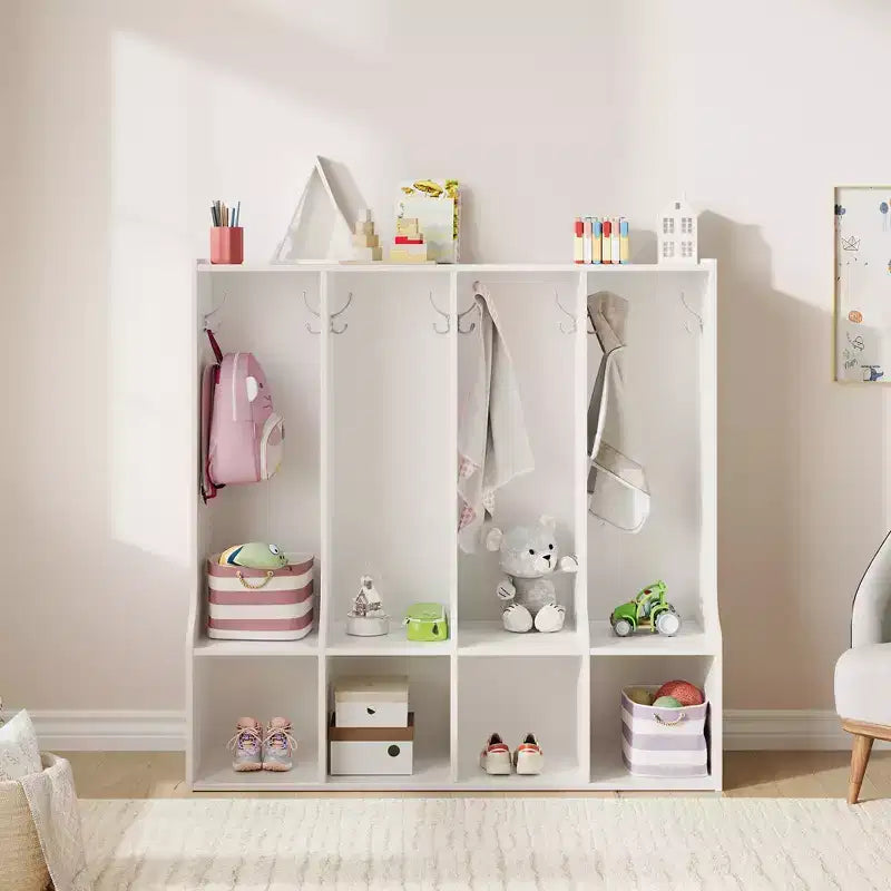 Vestiaire enfant 4 sections Acekool avec 4 casiers et 8 patères pour salle de classe, crèche et maison