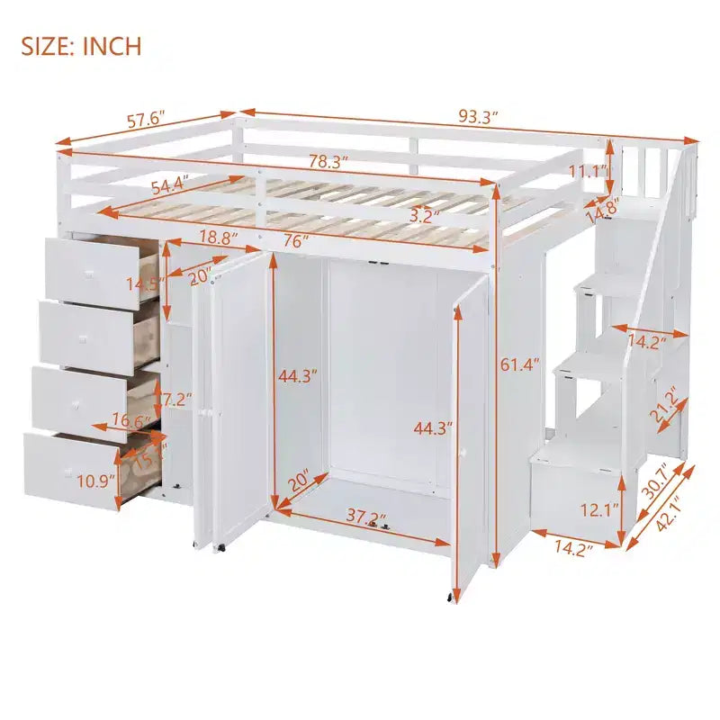 Lit mezzanine pleine taille Teddy Fleece avec étagère de rangement et tiroirs, lit mezzanine haut en bois avec bureau polyvalent pour chambre à coucher