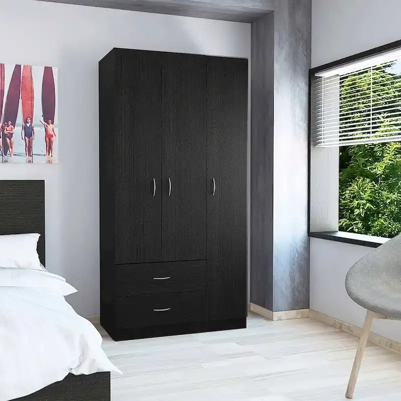 Armoire 3 portes FM Furniture Eureka avec 2 tiroirs, étagères intérieures et tringle
