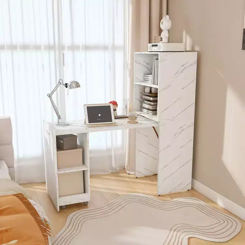 TUYOHW Bureau extensible, bureau pliable pour la maison et le bureau avec étagères de rangement et roulettes, poste de travail mobile pour petits appartements, bureaux