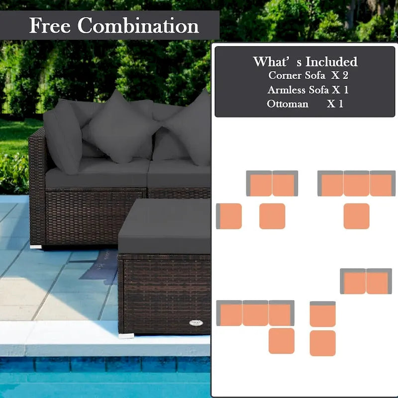 Ensemble de meubles de patio en rotin 4 pièces avec coussins et oreillers amovibles – Canapé d'angle : 73,7 x 73,7 x 63,5 cm