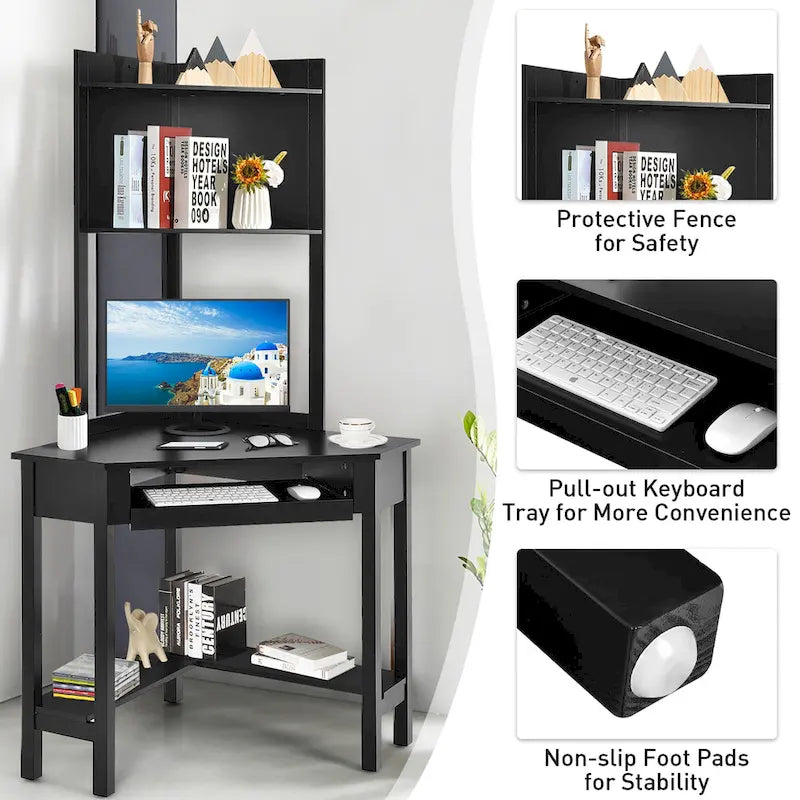 Bureau d'angle avec huche Bureau d'ordinateur d'angle triangulaire avec étagères