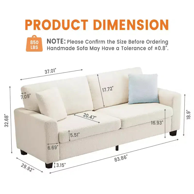 Canapé moderne 3 places de 83 po avec assise profonde, tissu doux, accoudoirs larges, housse de coussin amovible et lavable