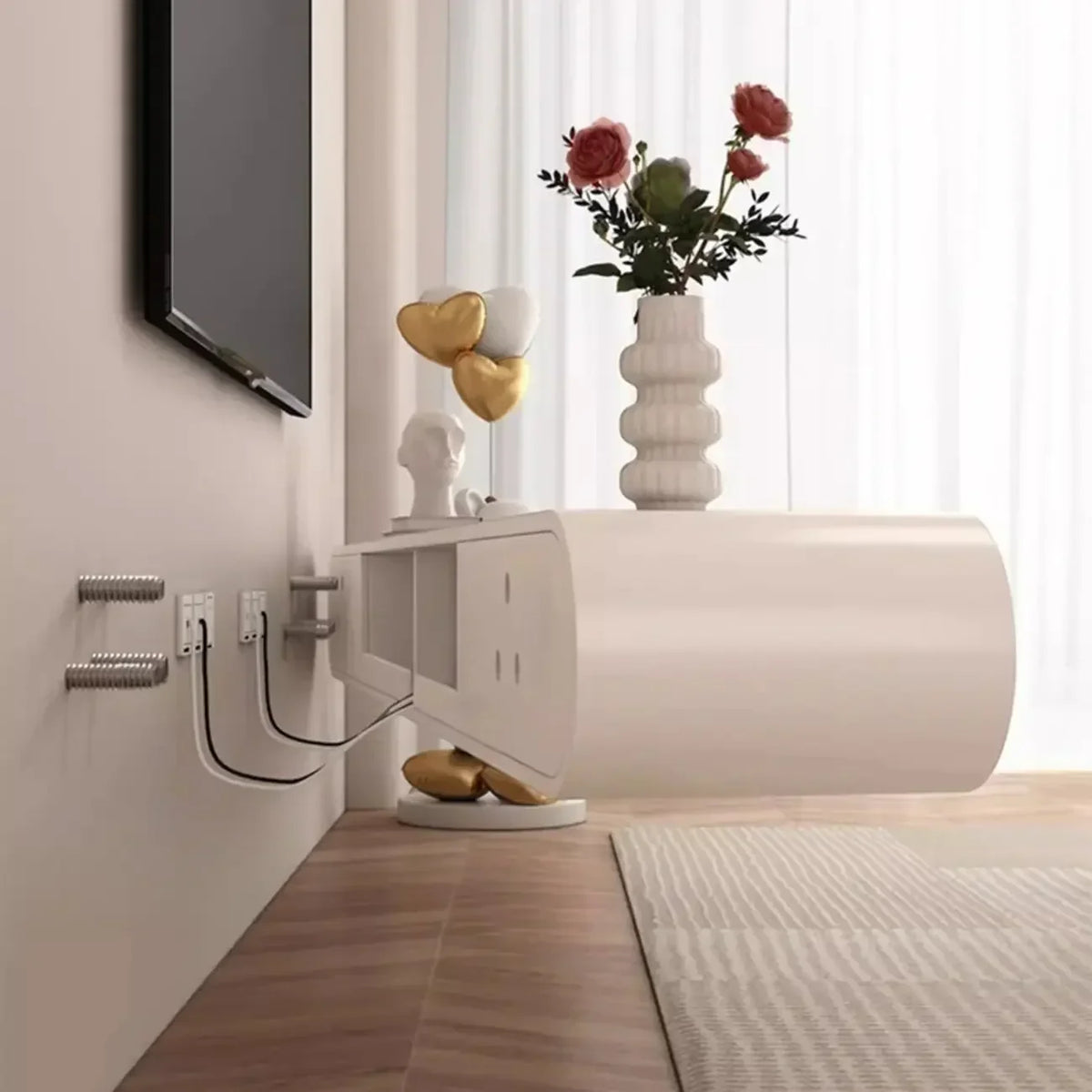 Meuble TV flottant en bois blanc avec rangement pour le salon