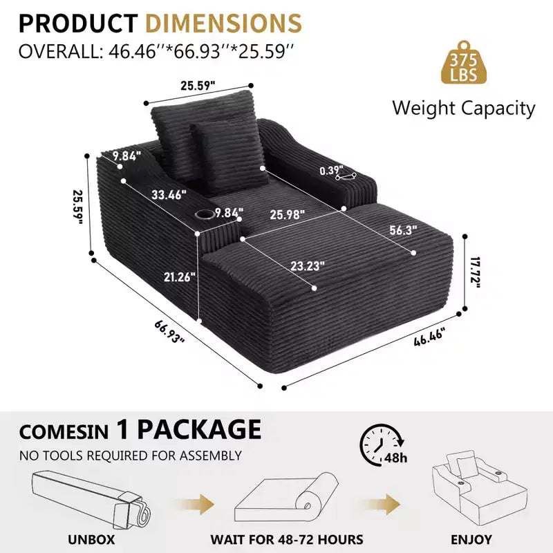 Chaise longue de 170 cm, canapé-lit d'intérieur avec 2 coussins, canapé monoplace sans structure pour salon, aucun assemblage requis